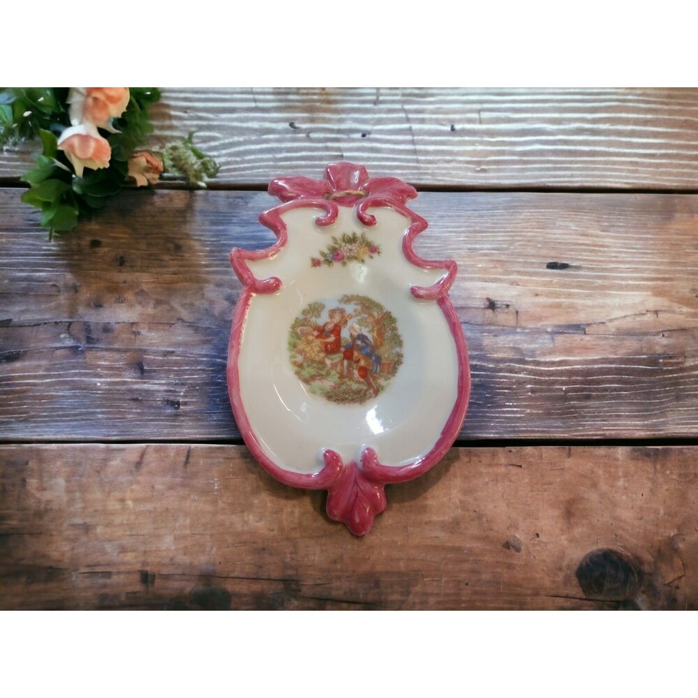 Vintage Porcelain Trinket Dish Tray Pink Scalloped Rococo Courting Couple Scene
